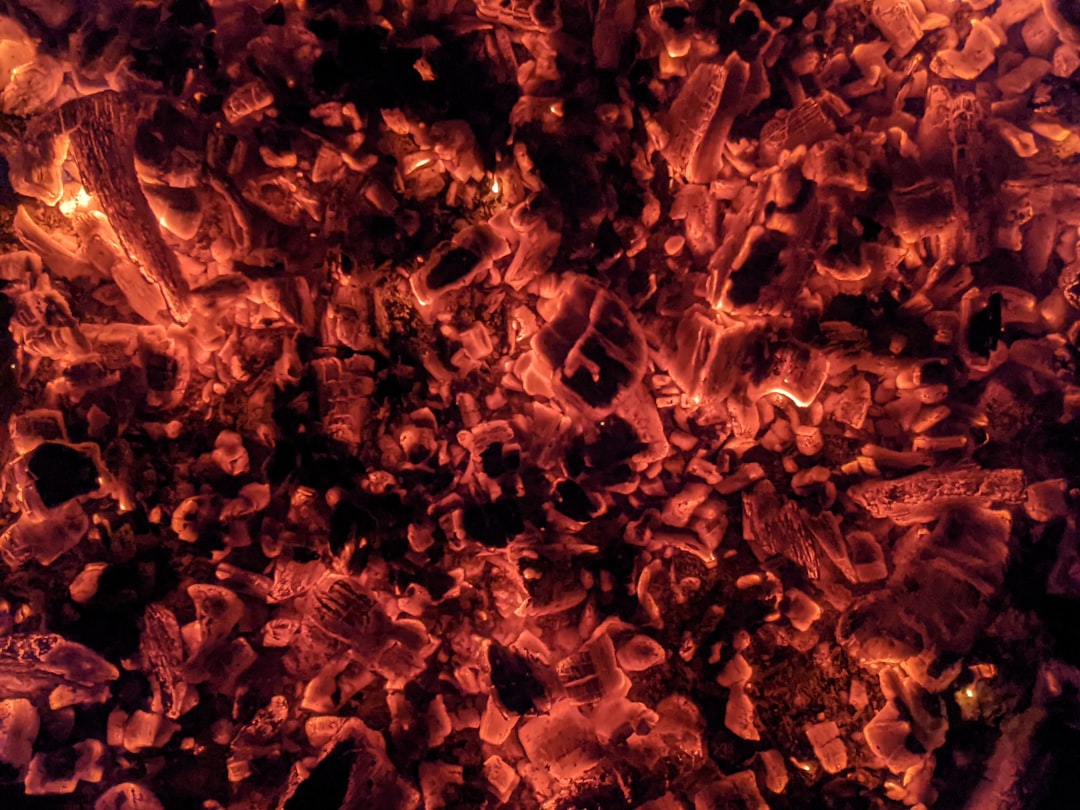 Charcoal burning down to a clean, quiet glow, the mark of fully carbonized hardwood