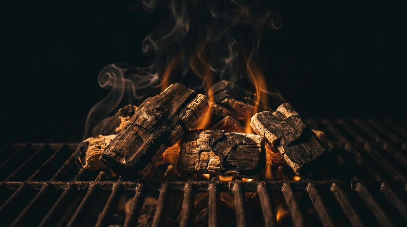Premium hardwood BBQ charcoal glowing on a grill